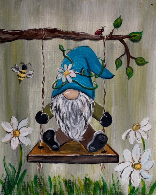 <i>Playful Gnome</i><br> 8 x10”<br> 20x25.5cm<br>  Acrylic on canvas  <br> Water-based gloss varnish