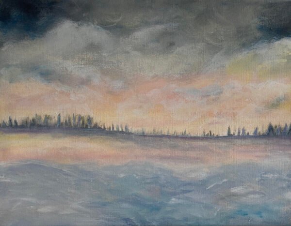 <i>Gentle Misty Morning </i><br>14 x 11” <br>35.5 x 27.5cm <br>Acrylic on canvas  <br>Water-based gloss varnish